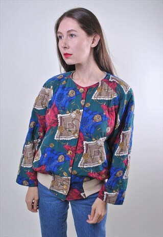 80S MULTICOLOR EVENING BOMBER JACKET, PATTERN BUTTON BLAZER