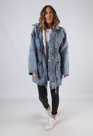 DENIM JACKET SHERPA LINED OVERSIZED HOOD LONG UK 14 16 (CK2L
