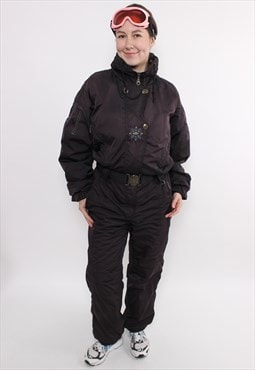 Vintage one piece ski suit in black, retro abstract snowsuit