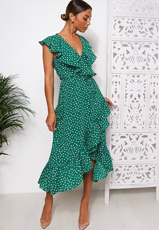 MICA GREEN POLKA DOT FRILL WRAP MIDI DRESS