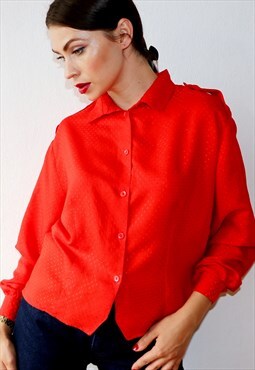 80s Vintage Blouse Bright Red Shirt V-cut Back Slit 1980s