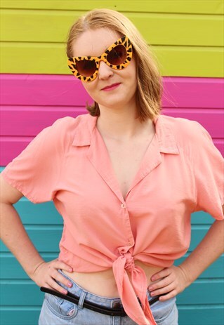 VINTAGE 80S CROP TOP PEACH PINK SHIRT V NECK TIE FRONT