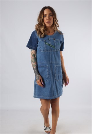 VINTAGE DENIM DRESS BICH REWORKED DUNGAREES UK 8 - 10 (9DDD)