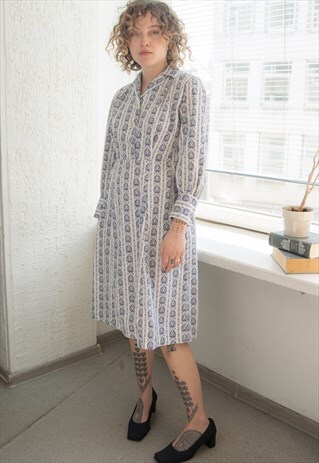 VINTAGE 60'S WHITE PATTERNED COTTON MIDI LONG SLEEVED DRESS