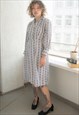 Vintage 60's White Patterned Cotton Midi Long Sleeved Dress