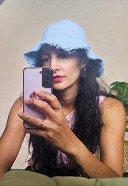 Blue Lilac Denim Look Bucket Hat w Frayed Edges