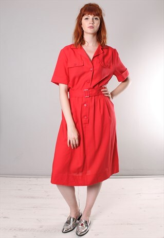 VINTAGE 80S RED BELTED SHIRT DRESS