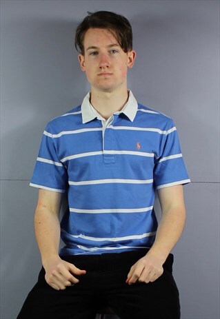 VINTAGE POLO RALPH LAUREN POLO SHIRT IN BLUE AND WHITE WITH