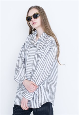 VINTAGE WHITE GREY STRIPED LONG SLEEVE RETRO SHIRT