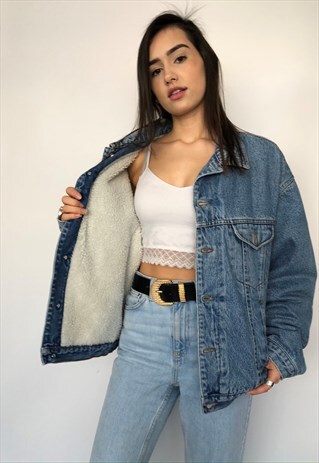 VINTAGE BENETTON SHERPA LINED WINTER BORG DENIM JACKET 80S