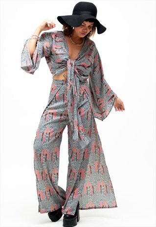 PINK & BLACK GEO PRINT WIDE LEG SPLIT TROUSERS