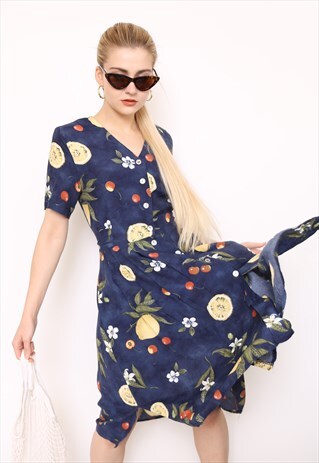 VINTAGE 90S NAVY FRUIT PRINT BUTTON MIDI DRESS