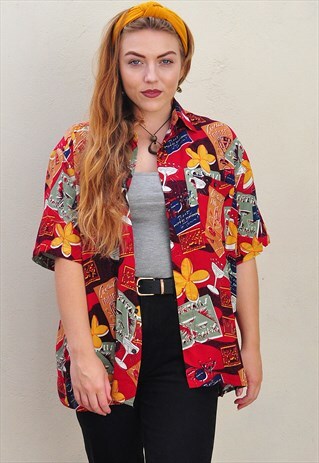 VINTAGE TROPICAL ABSTRACT FESTIVAL PATTERNED SHIRT