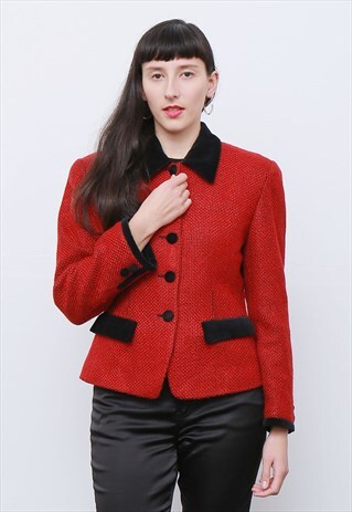 VINTAGE 80'S RED TWEED WOOL AND VELVET JACKET