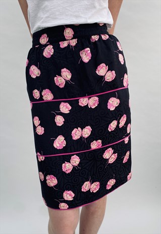 VINTAGE 1980'S BLACK PINK PENCIL FLORAL PENCIL SKIRT LADIES 