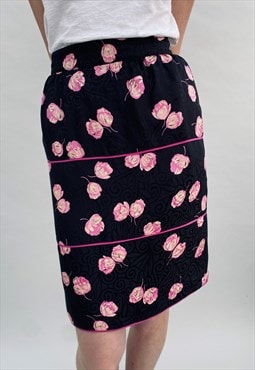 Vintage 1980's Black Pink Pencil Floral Pencil Skirt Ladies 