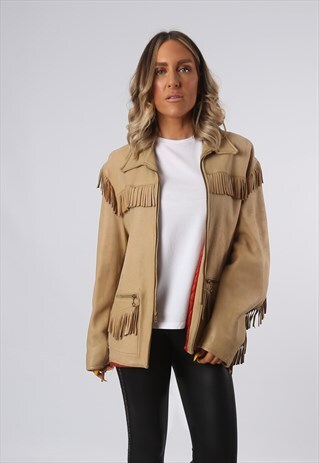 LEATHER FRINGE TASSEL JACKET VINTAGE UK 14 - 16 (3DH)