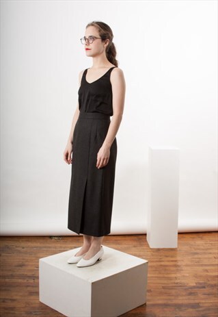 GREY HIGH WAISTED SKIRT / VINTAGE WOOL MIDI SKIRT