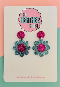 Blue and Hot Pink Flower Earrings