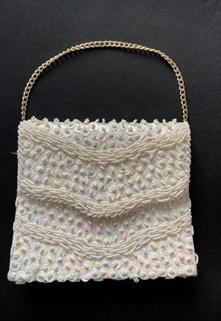 50's/60's Cream Sequin Beaded Satin Evening Bag Handbag