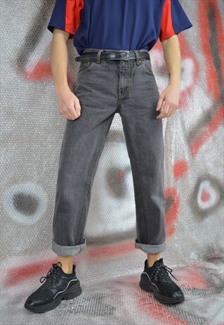 VINTAGE GREY DENIM CLASSIC STRAIGHT JEANS TROUSERS