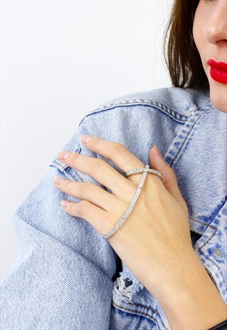 SILVER DIAMANTE CROSS OVER RING HAND BRACELET