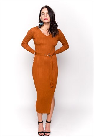 CY SOFT KNITTED RIBBED LONG BODYCON DRESS WITH SIDE SPLIT