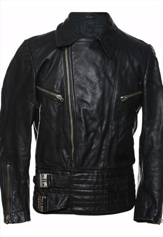 VINTAGE BIKER STYLE BLACK BUCKLE DETAIL LEATHER JACKET - S