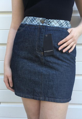 WOMENS BURBERRY SKIRT BLUE DENIM NOVA CHECK PENCIL SKIRT