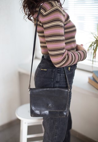 VINTAGE 80'S BLACK LEATHER SHOULDER BAG