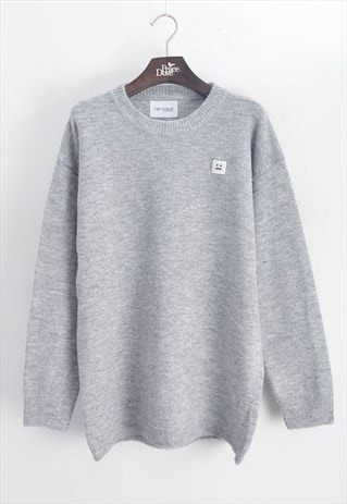 PLAIN GREY COLOR BASIC WOOL BLEND JUMPER WITH FACE PATCH