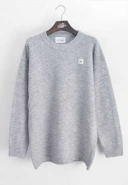 Plain grey color basic wool blend jumper with face patch