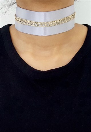 SATIN - GREY & METALLIC LACE OVAL PATTERNED CHOKER- GOLD