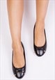 BEXLEY SLIP ON FLAT PUMPS IN BLACK FAUX LEATHER