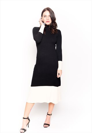 CY RIBBED MIDI BODYCON DRESS IN BLACK WHITE CONTRAST DESIGN