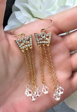 Diamonte Crown Gold Coloured Earrings