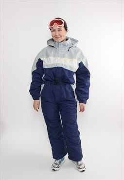 90s one piece ski suit in blue, vintage woman full winter 