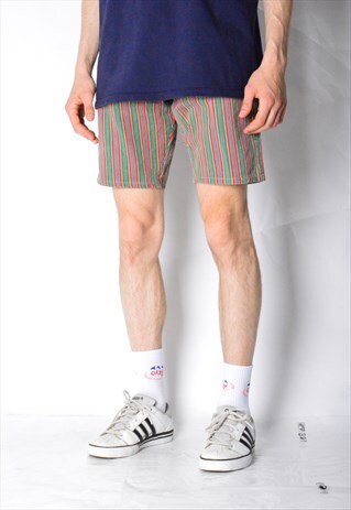 VINTAGE 80S GREEN RED COLOURFUL STRIPED DENIM SHORTS