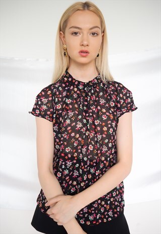 VINTAGE BLACK FLORAL HIGH NECK BLOUSE
