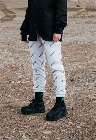 HANDMADE JOGGER TROUSERS IN BEIGE WITH YOUR EGO SUCKS PRINT