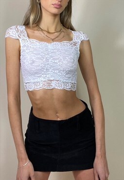 Vintage Y2K 00's Lace Crop Top Sheer Mesh White Fairycore