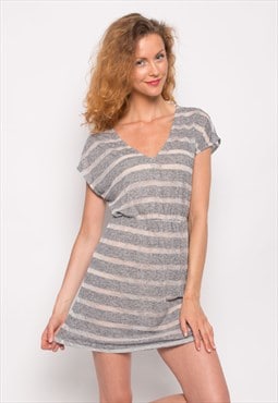 Short Sleeve V Neck Mini Dress in Grey white Stripe