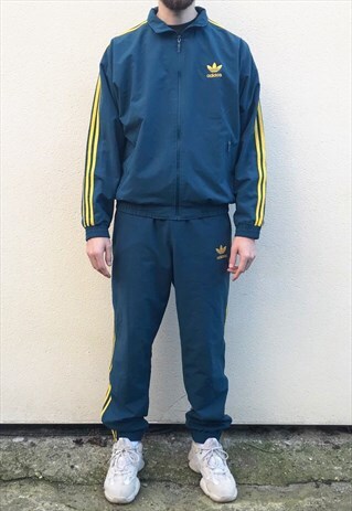 VINTAGE 80S ADIDAS TRACKSUIT GREEN AND YELLOW EMBROIDERED