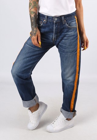 LEVIS 501'S DENIM JEANS REWORKED SIDE STRIPE UK 10 (H3AE)