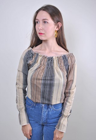 80S VINTAGE STRIPED BROWN WOMEN BLOUSE, SIZE M