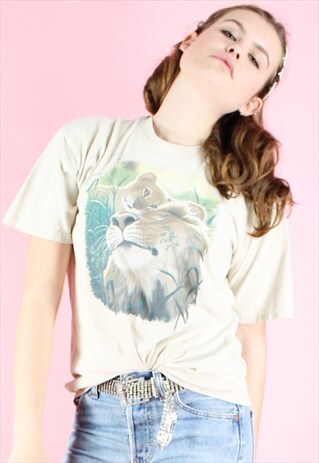 VINTAGE 90S T-SHIRT LION Y2K CREAM BEIGE SAFARI PHOTO