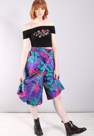 VINTAGE 80S SATIN HAWAIIAN PATTERNED CULOTTE SKORT SHORTS