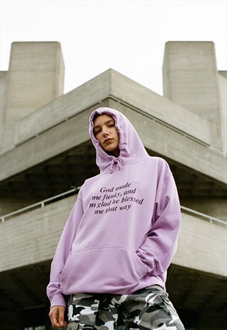 LIGHT PURPLE HOODIE WITH 'GOD MADE ME FUNKY' PRINTED DESIGN