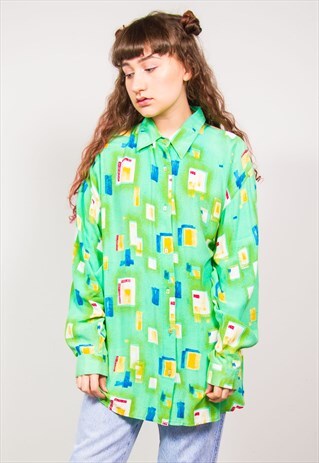 VINTAGE 90'S GREEN COLOURFUL ABSTRACT PATTERN SHIRT