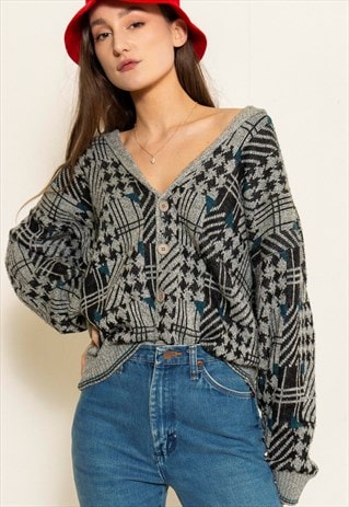 VINTAGE 80'S GREY AND BLUE KNIT CARDIGAN